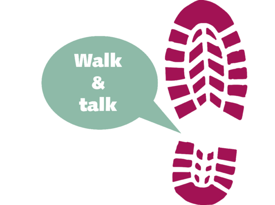 roter Fußabdruck, grüne Sprechblase: Walk & talk