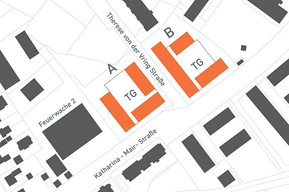 Lageplan des Mehrgenerationenwohnens mit Bauteil A im Westen und Bauteil B. 