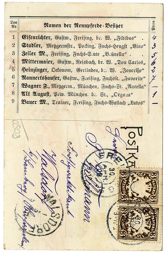 Postkarte vom Freisinger Pferderennen von 1906. 