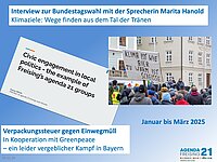 Poster auf blauem Grund mit Foto einer Demo und 3 Infoblocks