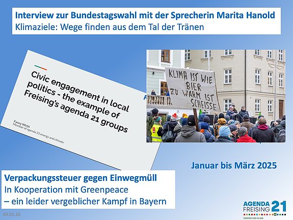 Poster auf blauem Grund mit Foto einer Demo und 3 Infoblocks