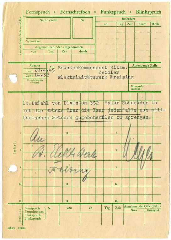 Fernschreiben zur Sprengung der Isarbrücke am 29. April 1945.