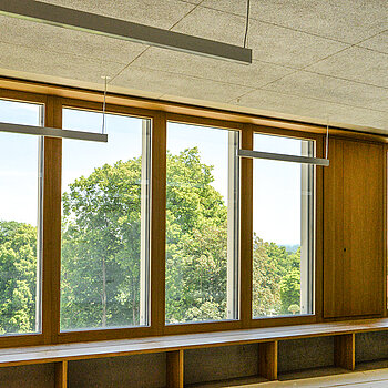 Blick aus einem Klassenzimmer auf die großen Bäume. (Foto: Stadt Freising)