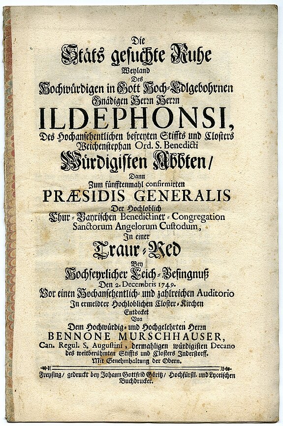 Das Titelblatt der Trauerrede für den Weihenstephaner Abt Ildephons.