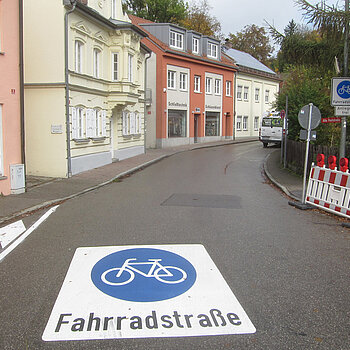 Straße mit Häusern auf der linken und Büschen rechts. Auf der Straße ein großes Piktogramm in weiß mit blauem Fahrradsymbol und "Fahrradstraße"