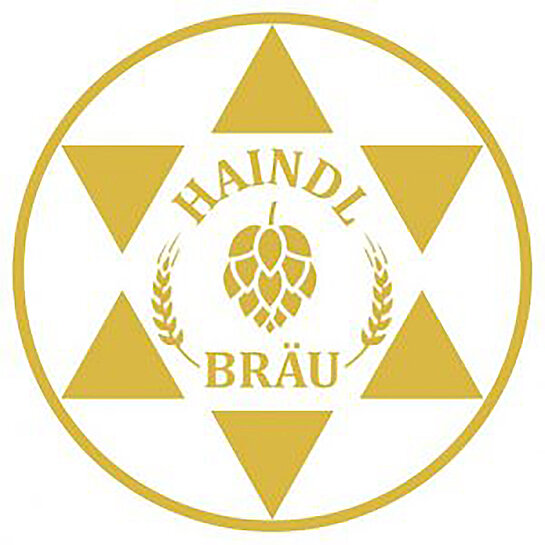 Logo von Haindl Bräu Freising ein Logo in Gold auf Weiß mit Hopfendolde und Brauerstern