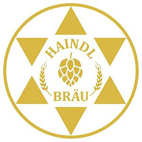 Logo von Haindl Bräu Freising ein Logo in Gold auf Weiß mit Hopfendolde und Brauerstern