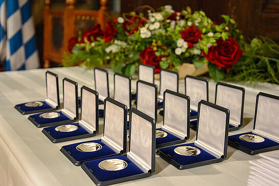 Aufgereiht sind die beim Ehrenabend verliehenen Medaillen. 