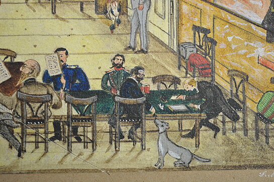 Speisesaal im Bayerischen Hof, 1879, Zeichnung von Clemens Freiherr von Seckendorff (Ausschnitt), Stadtmuseum Freising Speisesaal im Bayerischen Hof