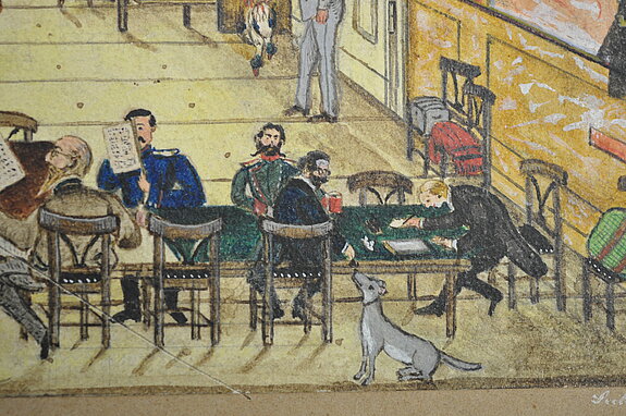 Speisesaal im Bayerischen Hof, 1879, Zeichnung von Clemens Freiherr von Seckendorff (Ausschnitt), Stadtmuseum Freising Speisesaal im Bayerischen Hof