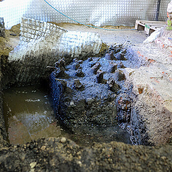 Für die flächendeckende Entwässerung muss eine Drainage eingebracht werden - und bei dieser Gelegenheit bietet sich ein Blick auf die historische Verankerung des Gebäudes mit Eichenpfählen. (Foto: Stadt Freising)