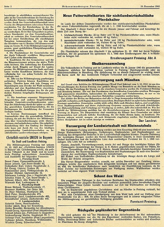 In der Ausgabe vom 20.12.1945 der „Bekanntmachungen für Stadt und Kreis Freising“ wird die Zulassung der CSU Freising durch die US-Militärregierung veröffentlicht (Stadtarchiv Freising).