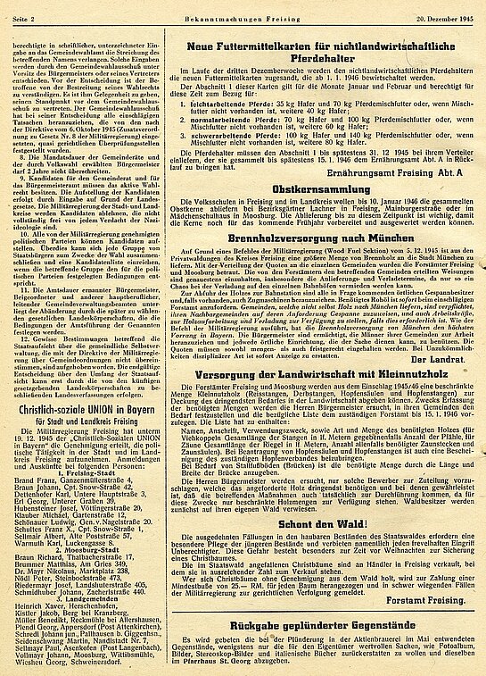 In der Ausgabe vom 20.12.1945 der „Bekanntmachungen für Stadt und Kreis Freising“ wird die Zulassung der CSU Freising durch die US-Militärregierung veröffentlicht (Stadtarchiv Freising).