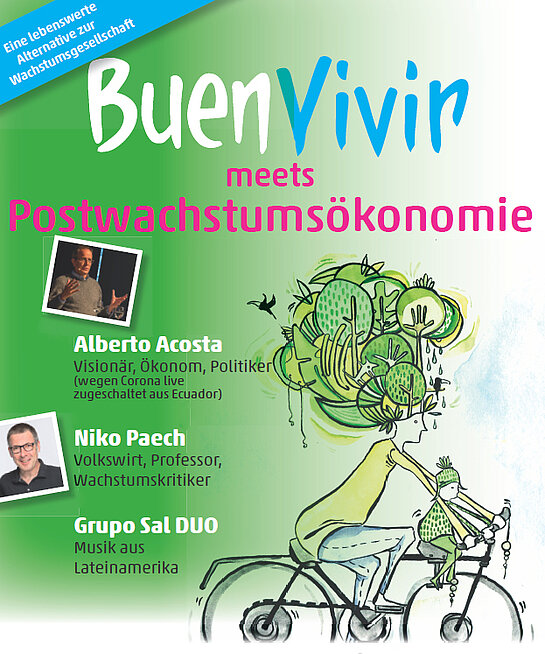 Plakat "Buen Vivir meets Postwachstumsökonomie" mit Alberto Acosta, Niko Paech und Grupo Sal. 