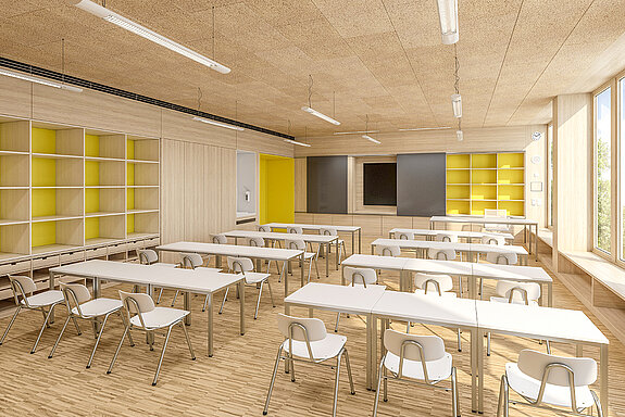 Gezeigt wird die Visualisierung eines Klassenzimmers im neuen Lernhaus.