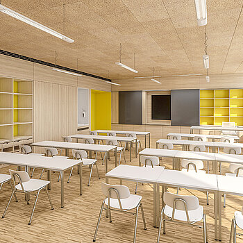 Gezeigt wird die Visualisierung eines Klassenzimmers im neuen Lernhaus.