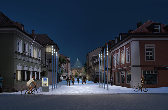 Entwurf des Stadteingangs an der Karlwirtskreuzung (Veitstor) bei Nacht. Plangrundlage: ST raum a., Illustration: Render-Manufaktur GbR