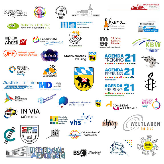 Alle Organisationen die einen Beitrag zur Langen Nacht der Demokratie in Freising leisten. ein buntes Sammelsurium von über 50 Logos.