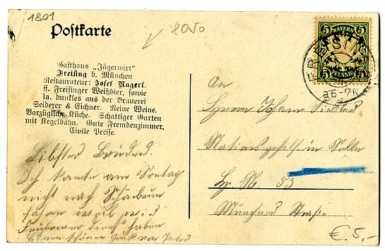 Textseite der Werbepostkarte des "Jägerwirts" (1910).