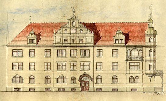 Seiffharts Entwurf für die langgestreckte Hauptstraßen-Fassade (Stadtarchiv Freising, Plan-sammlung).