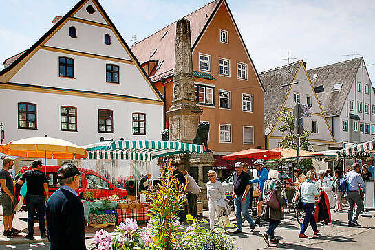 In bester Erinnerung ist die Durchführung des Wochenmarkts in der Oberen Altstadt- siehe unser Bild von 2019. Jetzt, nach Fertigstellung der Neugestaltung und Öffnung der Moosach, kehrt der Markt für einige Jahre an diesen Ort zurück. (Foto: MASELL)