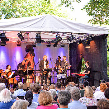 Am Eröffnungsabend huldigt die Musikschul-Band mit fabelhaften Gästen den Größen des Funk & Soul. (Foto: Stadt Freising) 