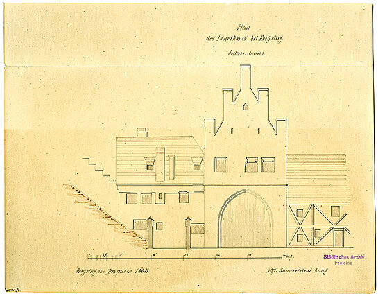 Außenansicht des Freisinger Isartores von 1863.