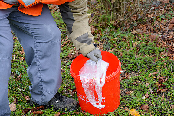 Achtlos ins Gebüsch geworfene Plastiktüten finden sich an jeder Ecke und werden in die bereitgestellten Mülleimer gepackt. (Foto: Stadt Freising)