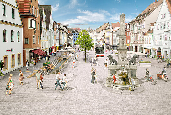 Illustration der Oberen Hauptstraße mit geöffneter Moosach. (Plangrundlage ST raum a., Illustration Render-Manufaktur GbR) 