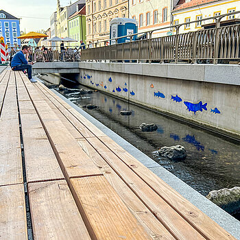 Das Fischmosaik schmückt nicht nur die nördliche Ufermauer, die Glassteine reflektieren auch im Wasser und vermitteln den Eindruck, dass die Fische durchs Wasser gleiten. (Foto: Stadt Freising)