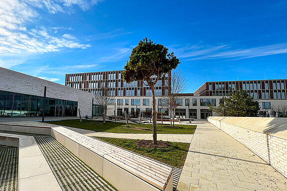 Der Pausenbereich der Mittelschule am SteinPark. Links im Bild die Dreifachsporthalle. (Foto: Stadt Freising).