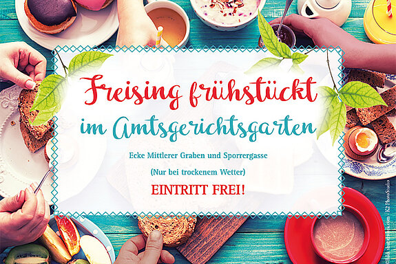 Auf dem Bild ist der offizielle Flyer vom Projekt "Freising frühstückt" zu sehen.