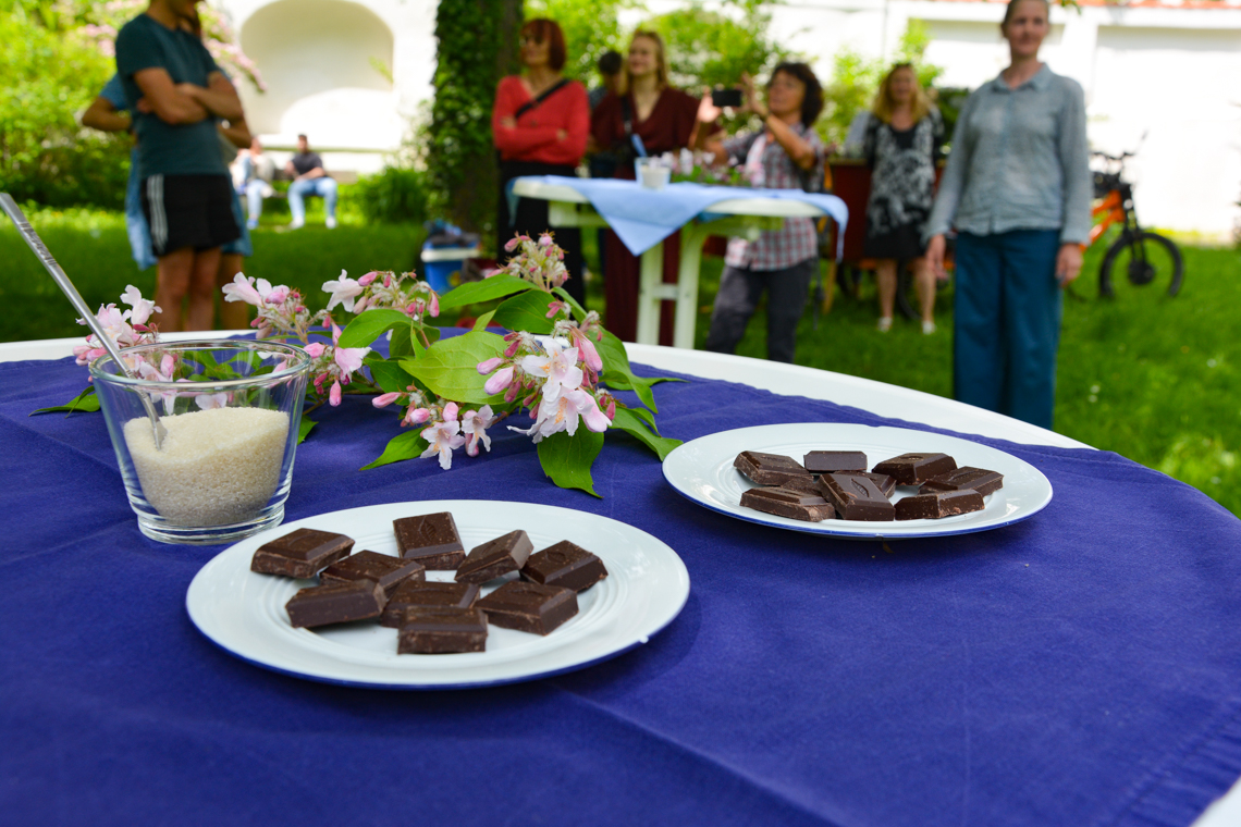 im Vordergrund ein Tisch mit Tellern voll Schokoladenstückchen, Blumen und Zucker. Im Hintergrund verschwommen Menschen.